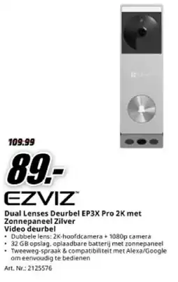 MediaMarkt Ezviz Dual Lenses Deurbel EP3X Pro 2K met Zonnepaneel Zilver Video deurbel aanbieding