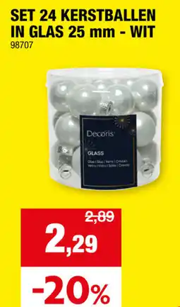 Hubo Set 24 kerstballen in glas 25 mm - wit aanbieding
