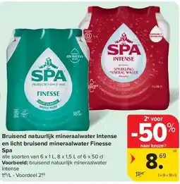 Carrefour Bruisend natuurlijk mineraalwater Intense en licht bruisend mineraalwater Finesse Spa aanbieding