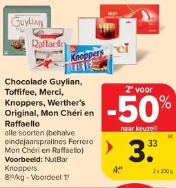 Carrefour Chocolade Guylian, Toffifee, Merci, Knoppers, Werther’s Original, Mon Chéri en Raffaello aanbieding