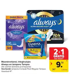 Carrefour Maandverband, inlegkruisjes Always en tampons Tampax aanbieding
