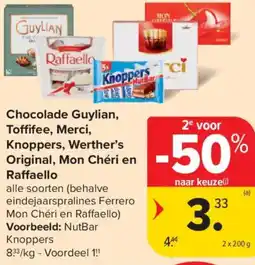 Carrefour Market Chocolade Guylian, Toffifee, Merci, Knoppers, Werther's Original, Mon Chéri en Raffaello aanbieding