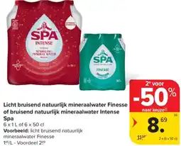 Carrefour Market Spa Licht bruisend natuurlijk mineraalwater Finesse of bruisend natuurlijk mineraalwater Intense aanbieding
