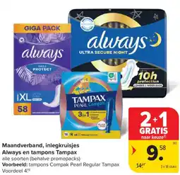 Carrefour Market Maandverband, inlegkruisjes Always en tampons Tampax aanbieding