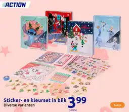 Action Sticker en kleurset in blik aanbieding