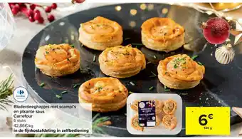 Carrefour Bladerdeeghapjes Met Scampis En Pikante Saus aanbieding