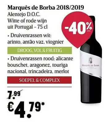 Delhaize Marquês de borba 2018-2019 alentejo d.o.c. witte of rode wijn uit portugal aanbieding