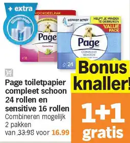 Albert Heijn Page toiletpapier compleet schoon 24 rollen en sensitive 16 rollen aanbieding