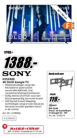 MediaMarkt SONY K55XR80 4K OLED Google TV aanbieding