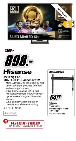 MediaMarkt Hisense 65U72Q PRO MINI LED PRO 4K Smart TV aanbieding