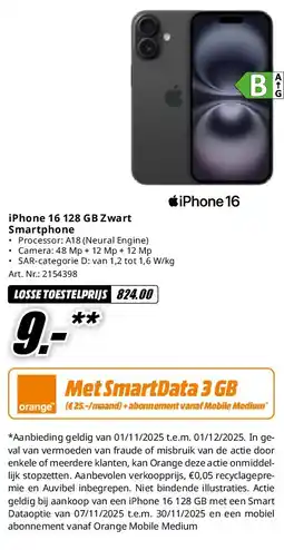 MediaMarkt iPhone 16 128 GB Zwart Smartphone aanbieding