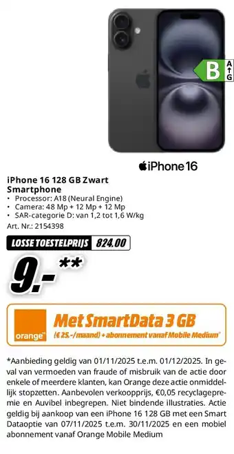 MediaMarkt iPhone 16 128 GB Zwart Smartphone aanbieding