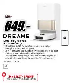 MediaMarkt Dreame L40s Pro Ultra Wit Robotstofzuiger aanbieding
