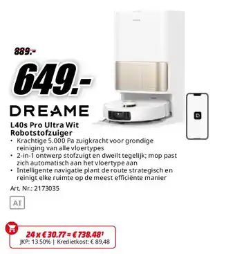 MediaMarkt Dreame L40s Pro Ultra Wit Robotstofzuiger aanbieding