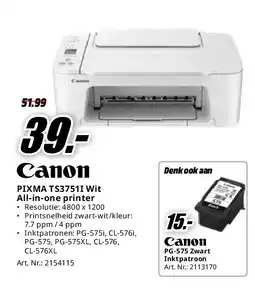 MediaMarkt Canon PIXMA TS3751I Wit All-in-one printer aanbieding