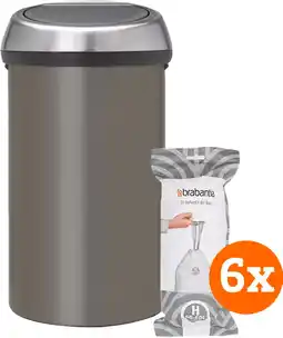 Coolblue Brabantia Touch Bin 60 Litres Platinum + Sacs Poubelle (120 pièces) aanbieding