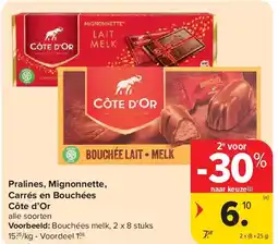 Carrefour Pralines, Mignonnette, Carrés en Bouchées Côte d’Or aanbieding
