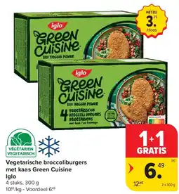 Carrefour Vegetarische broccoliburgers met kaas Green Cuisine Iglo aanbieding