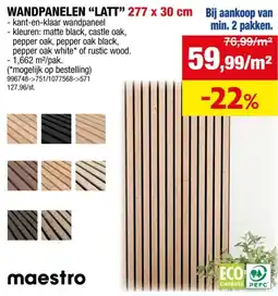 Hubo Latt wandpaneel met 7 latjes 277x30 cm 1,66m² matte black/castle oak 2 stuks aanbieding
