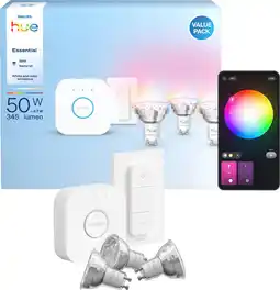 Coolblue Philips Hue Essential White and Color Starter Pack GU10 3-pack + Bridge + Dimmer aanbieding