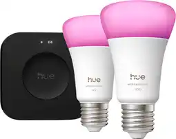 Coolblue Philips Hue White and Color Starter Pack E27 1100lm 2-pack + Bridge Pro aanbieding