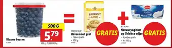 Lidl Blauwe bessen 500 g = Havermout grof 500 g + 4 x 150 g aanbieding