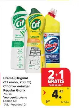 Carrefour Crème Original of Lemon Cif of WC reiniger Regular Glorix aanbieding