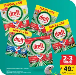 Carrefour Vaatwasmiddel Platinum Plus en spray Dreft aanbieding