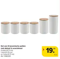 Carrefour Set van 6 keramische potten met deksel in acaciahout aanbieding