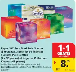 Carrefour Market Papier WC Pure Maxi Rolls Scottex , lot de lingettes humides Pure Scottex et lingettes collection kleenex aanbieding