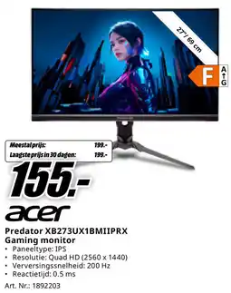 MediaMarkt Acer Predator XB273UX1BMIIPRX Gaming monitor aanbieding