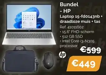 Hp Bundel Laptop 15-fd0143nb + draadloze muis + tas