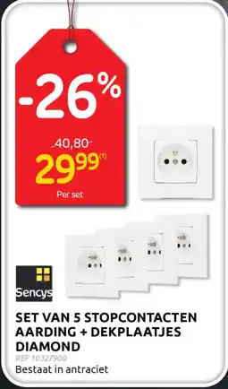 BricoPlanit Sencys Set van 5 Stopcontacten Aarding + Dekplaatjes Diamond aanbieding