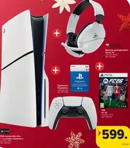 Carrefour PS5-console Slim Disc + 1 controller inbegrepen + Cadeaubon PlayStation + Bedrade gamingheadset Recon 70 + PS5 FC 26 aanbieding