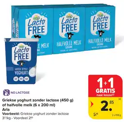 Carrefour Griekse yoghurt zonder lactose of halfvolle melk Arla aanbieding