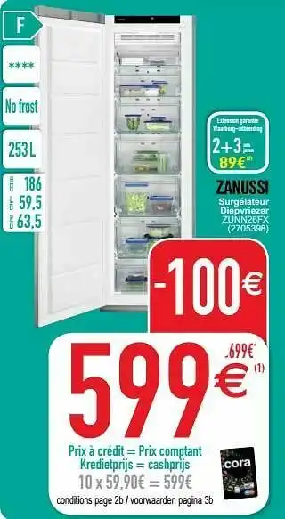 Cora Zanussi surgélateur diepvriezer zunn26fx aanbieding