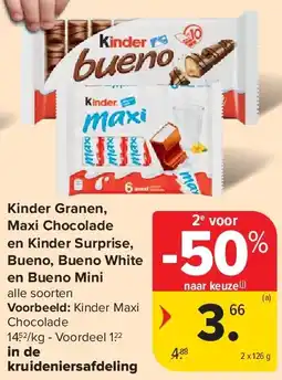 Carrefour Kinder Granen, Maxi Chocolade en Kinder Surprise, Bueno, Bueno White en Bueno Mini aanbieding
