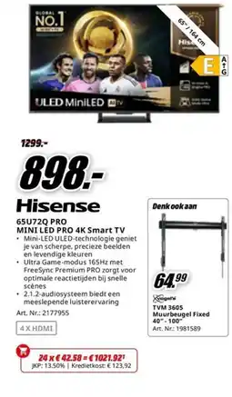 MediaMarkt Hisense MINI LED PRO 4K Smart TV 65U72Q PRO aanbieding