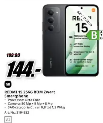 REDMI 15 256G ROM Zwart Smartphone