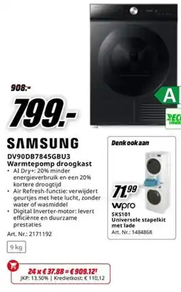 MediaMarkt Samsung Warmtepomp droogkast DV90DB7845GBU3 aanbieding