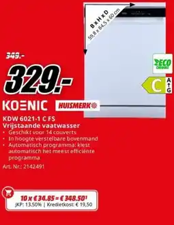 MediaMarkt Koenic KDW 6021-1 C FS Vrijstaande vaatwasser aanbieding