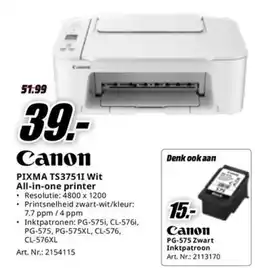 MediaMarkt Canon PIXMA TS3751I Wit All-in-one printer aanbieding