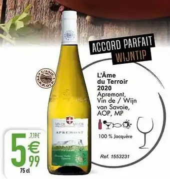 Cora L’âme du terroir 2020 apremont, vin de - wijn van savoie, aop, mp aanbieding