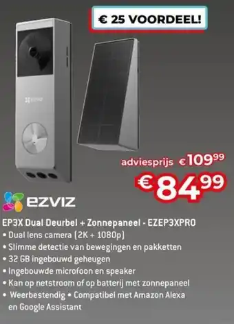AUVA Ezviz EP3X Dual Deurbel + Zonnepaneel EZEP3XPRO aanbieding