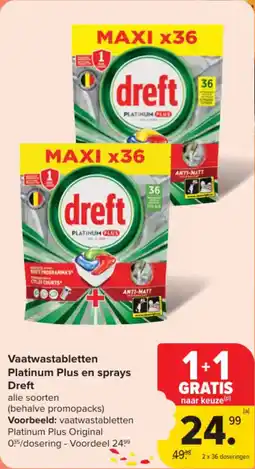 Carrefour Market Vaatwastabletten platinum plus en sprays dreft aanbieding