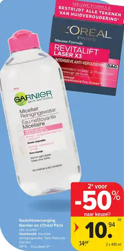 Carrefour Gezichtsverzorging Garnier en L'Oréal Paris aanbieding
