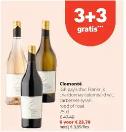 Spar Clomonté IGP pay’s d’oc Frankrijk chardonnay colombard wit, carbernet-syrah rood of rosé 75 cl aanbieding