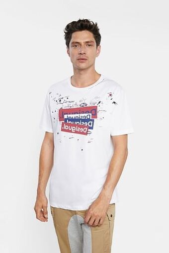 Desigual Basic T-shirt met logo en bolimania - WHITE - M aanbieding
