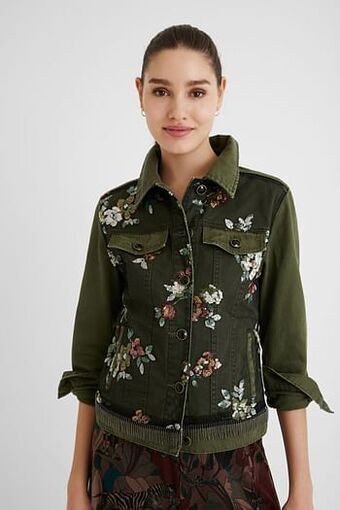 Slim fit spijkerjack met bloemen - GREEN - 42