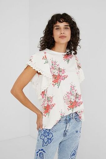 Desigual Wijd uitlopend shirt met bloemen - WHITE - S aanbieding